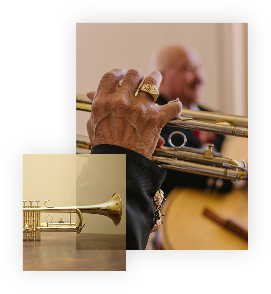 A picture of someone playing the trumpet and an image of it.